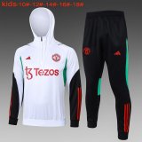 (Hoodie) 23/24 Manchester United White Soccer Training Suit Sweatshirt + Pants Kids