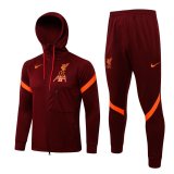 21/22 Liverpool Hoodie Maroon Soccer Training Suit Jacket + Pants Mens