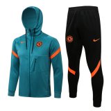 21/22 Chelsea Hoodie Green Soccer Training Suit Jacket + Pants Mens