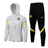 21/22 Chelsea Hoodie Light Grey Soccer Training Suit Jacket + Pants Mens