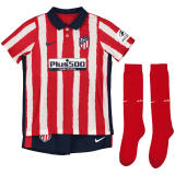20/21 Atletico Madrid Home Red & White Stripes Kids Soccer Whole Kit (Jersey + Short + Socks)