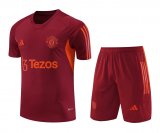 23/24 Manchester United Burgundy Soccer Training Suit Jersey + Short Mens