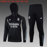 (Hoodie) 23/24 Real Madrid Black Soccer Training Suit Sweatshirt + Pants Kids