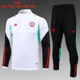 23/24 Manchester United White - Black Soccer Training Suit Sweatshirt + Pants Kids